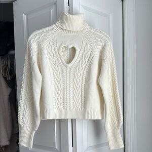 White Cable Knit Turtleneck Sweater with Heart Cutout